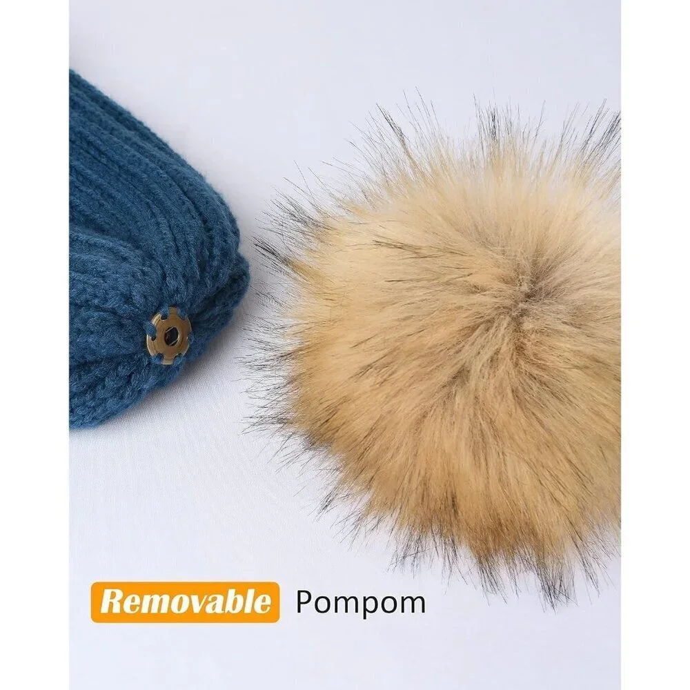 Women's Blue Winter Beanie Hat Satin Lined Faux Fur Pom Pom Beanies Hat